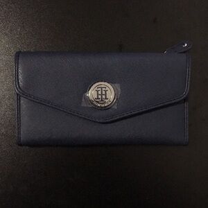 Tommy Hilfiger Long Blue and Silver Hardware Snap Button Trifold Wallet Purse
